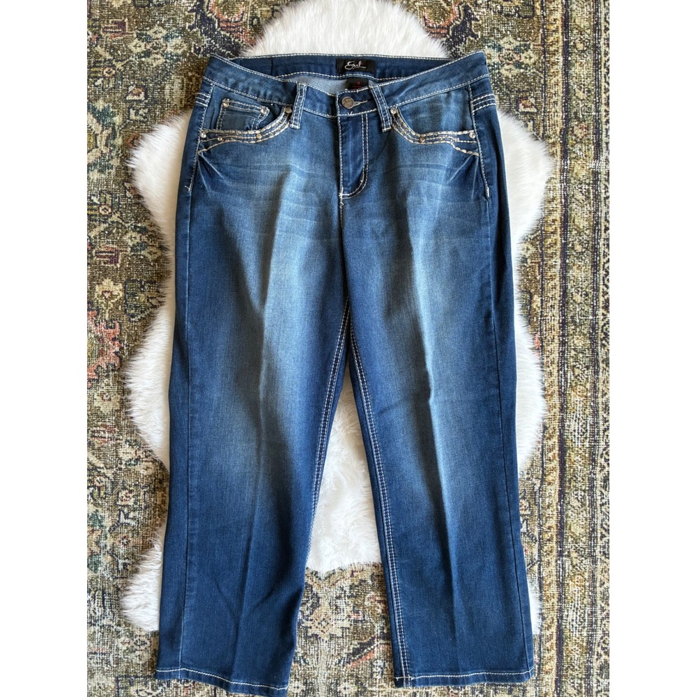 Earl Jean Women's Blue Denim Embellished Pocket Straight capri Leg Jeans Size 8